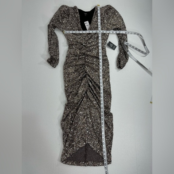 NWT Express sequin ruched long sleeve midi dress silver gold size XS - Picture 10 of 16
